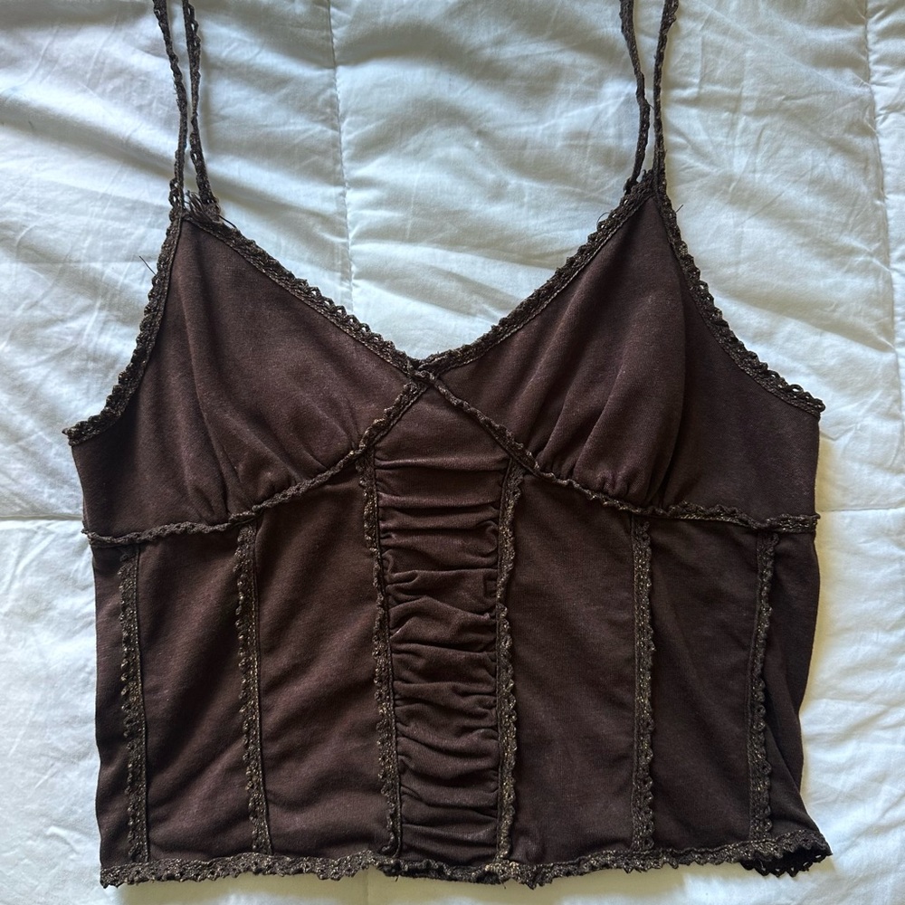 Full Tilt Chocolate Brown Ruched Lace-Trim Cami